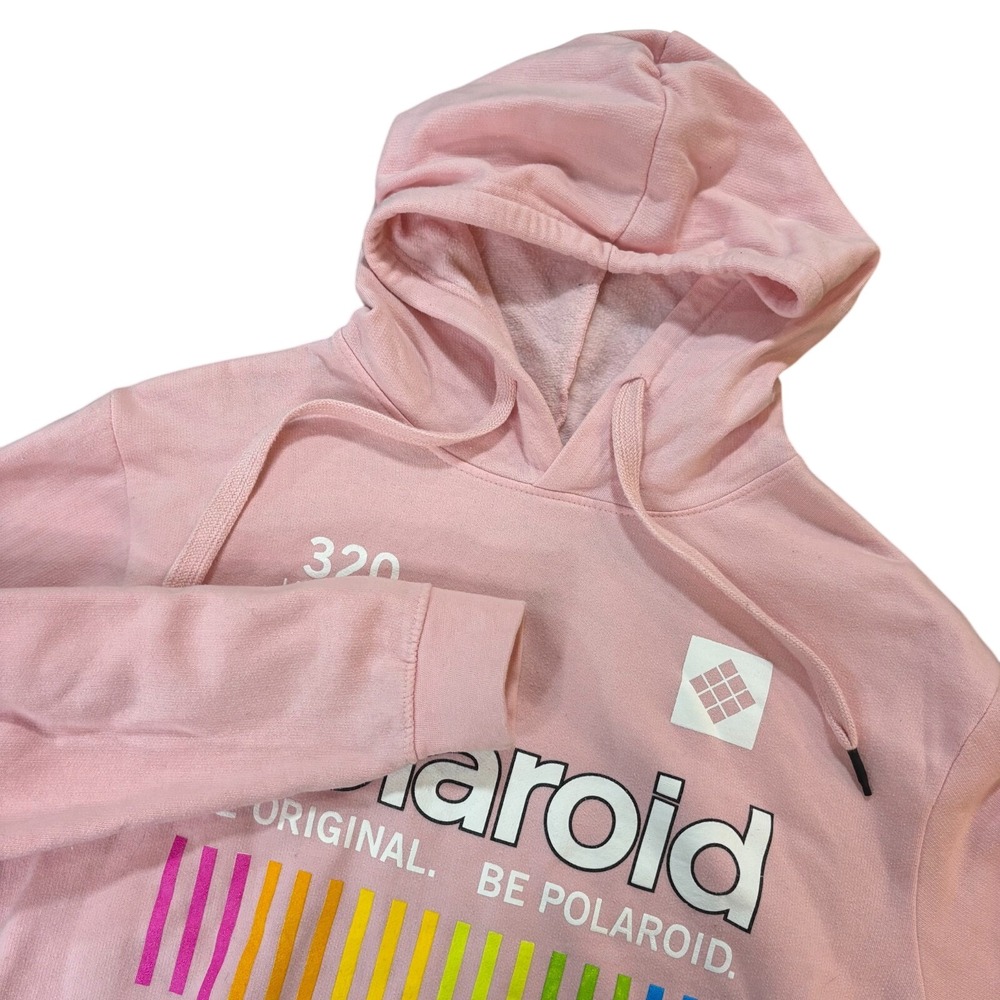 POLAROID Hoodie Unisex Medium Pink Pullover Rainbow Graphic Streetwear Soft